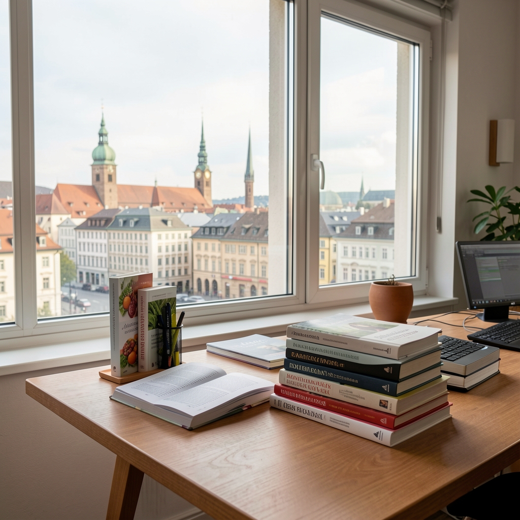 Helles Studio-Interieur in Zürich mit einem Arbeitstisch, Büchern über Ernährungswissenschaft und einem grossen Fenster mit Stadtblick