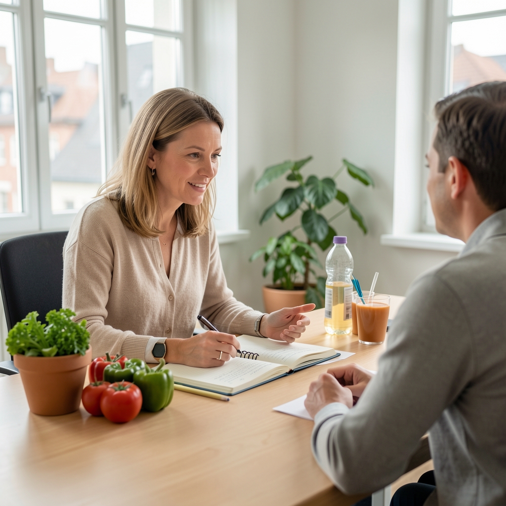 Ernährungsfachperson beim Besprechen eines Wochenmenüs mit einem Kunden in einem hellen Zürcher Büroraum, Notizbuch und frische Lebensmittel auf dem Tisch