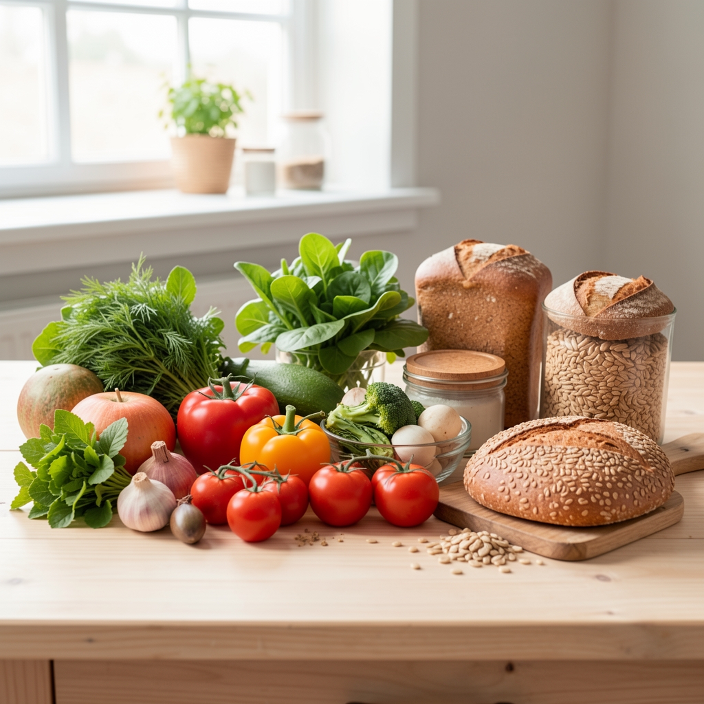 Frische saisonale Lebensmittel auf einem hellen Holztisch — Gemüse, Kräuter und Vollkornprodukte als Grundlage einer ausgewogenen Ernährung