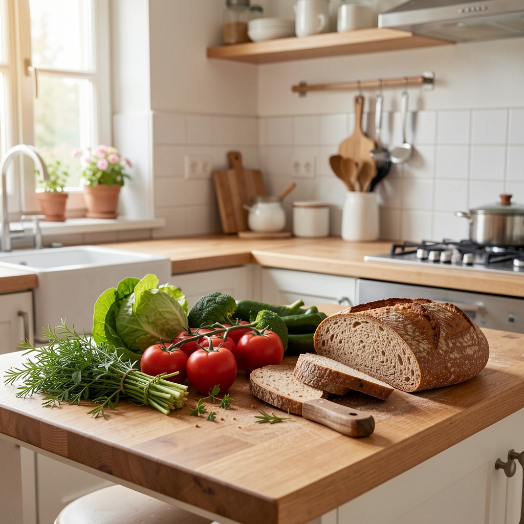 Helles Kücheninterieur mit frischem Gemüse, Vollkornbrot und Kräutern auf einer Arbeitsplatte — Vorbereitung einer selbstgekochten Mahlzeit