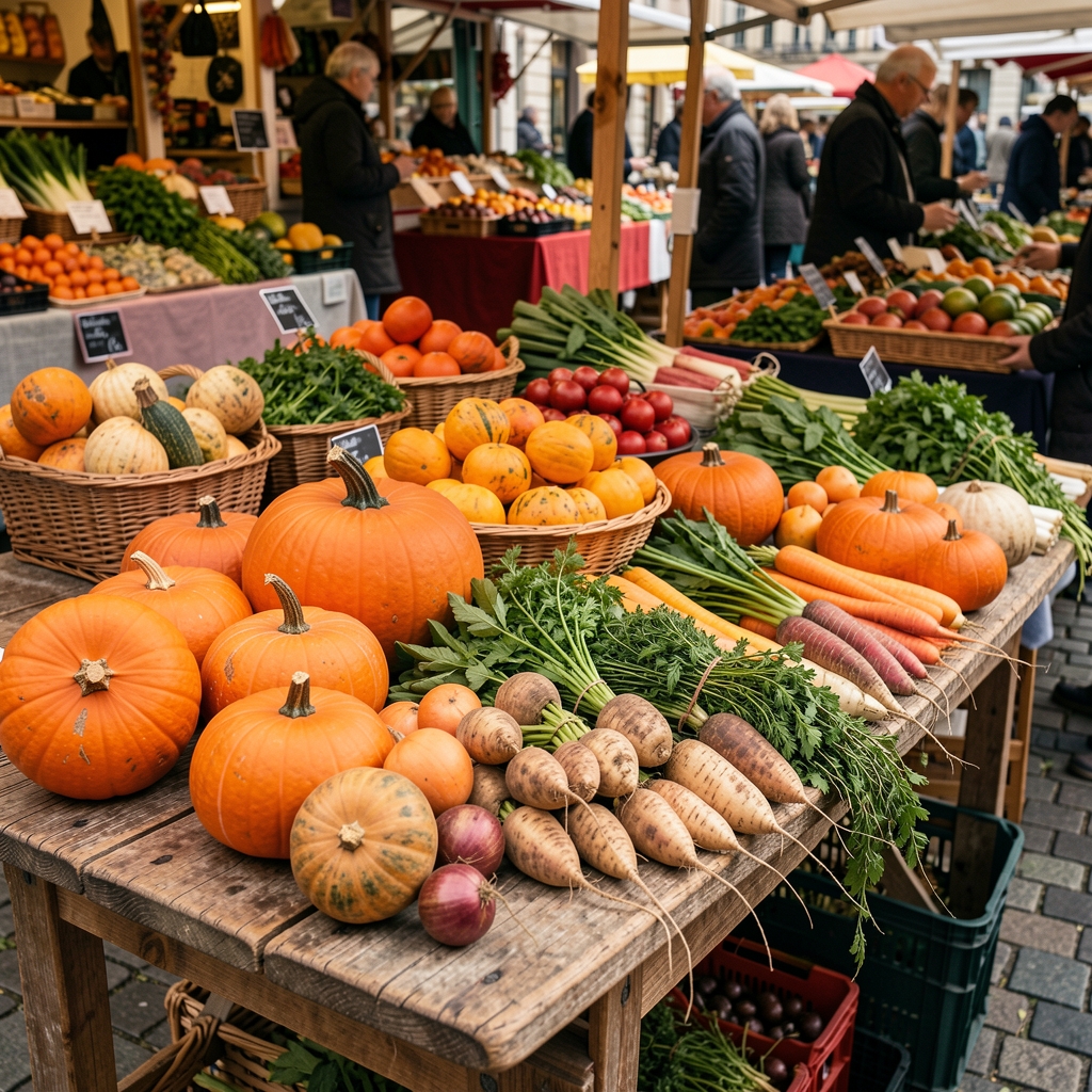 Nahaufnahme eines bunten Herbstgemüse-Sortiments auf einem Zürcher Wochenmarkt — Kürbisse, Wurzelgemüse und Kräuter auf einem rustikalen Holztisch