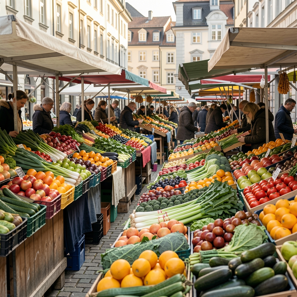Frischer Gemüsemarkt in Zürich — bunte Auslage mit saisonalem Obst und Gemüse auf einem Wochenmarkt