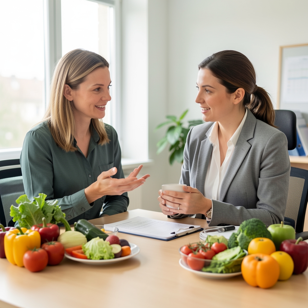 Qualifizierte Ernährungsfachperson berät einen Kunden über einen personalisierten Wochenernährungsplan in einem hellen Büro mit frischen Lebensmitteln auf dem Tisch