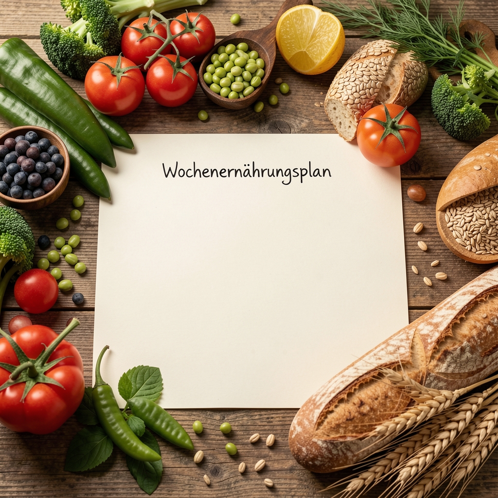 Wochenernährungsplan handgeschrieben auf einem hellen Papierbogen, umgeben von frischem Gemüse, Hülsenfrüchten und Vollkornprodukten auf einem Holztisch