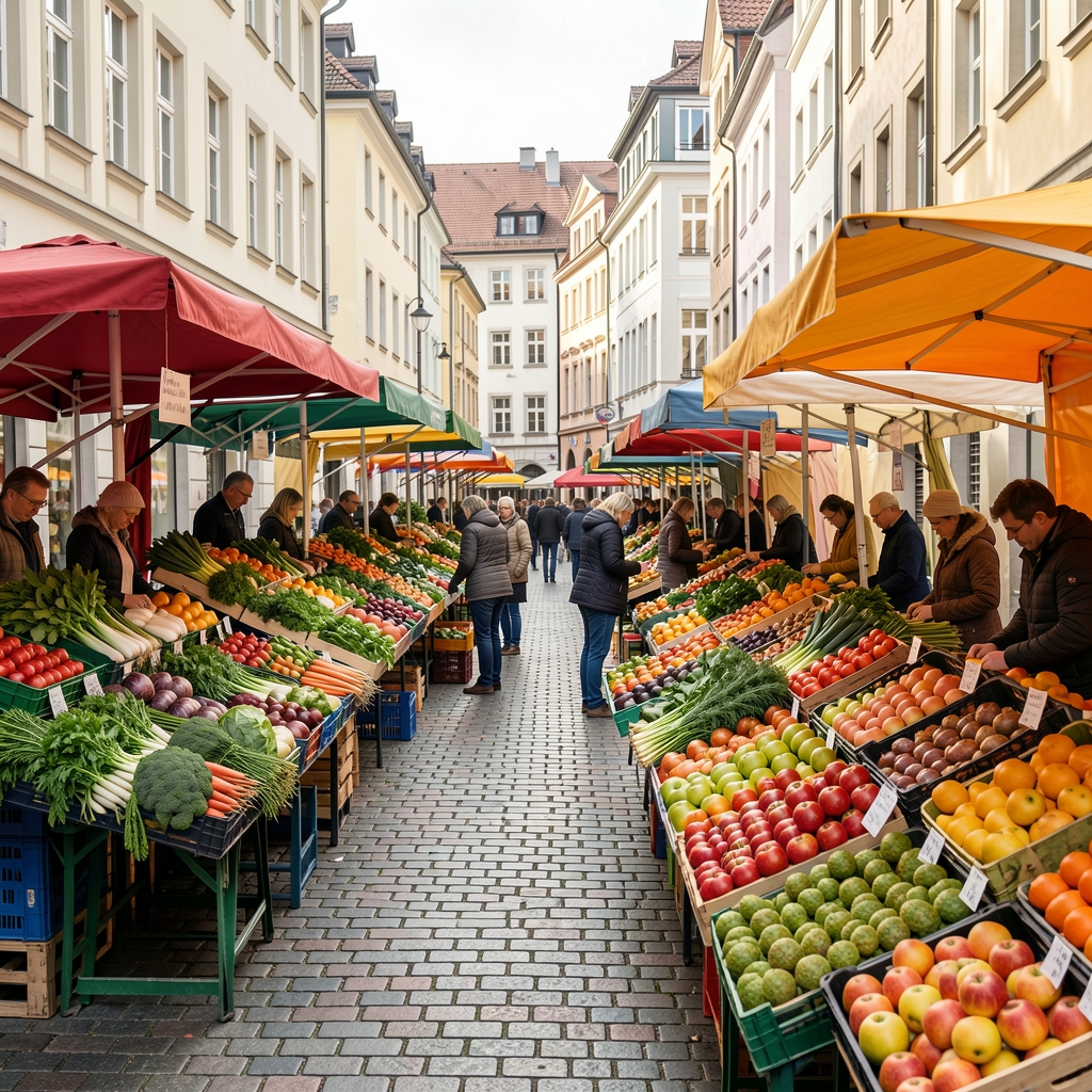 Saisonaler Wochenmarkt in der Zürcher Innenstadt — bunte Stände mit frischem Gemüse, Kräutern und Obst aus regionaler Produktion